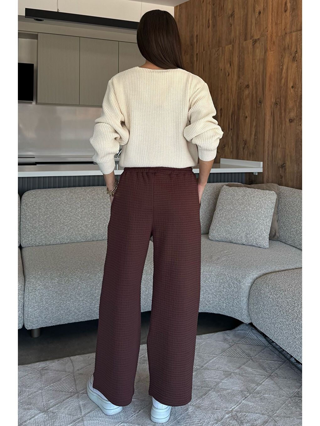 Kahverengi Desenli Bel Lastikli Kadın Palazzo Pantolon-3