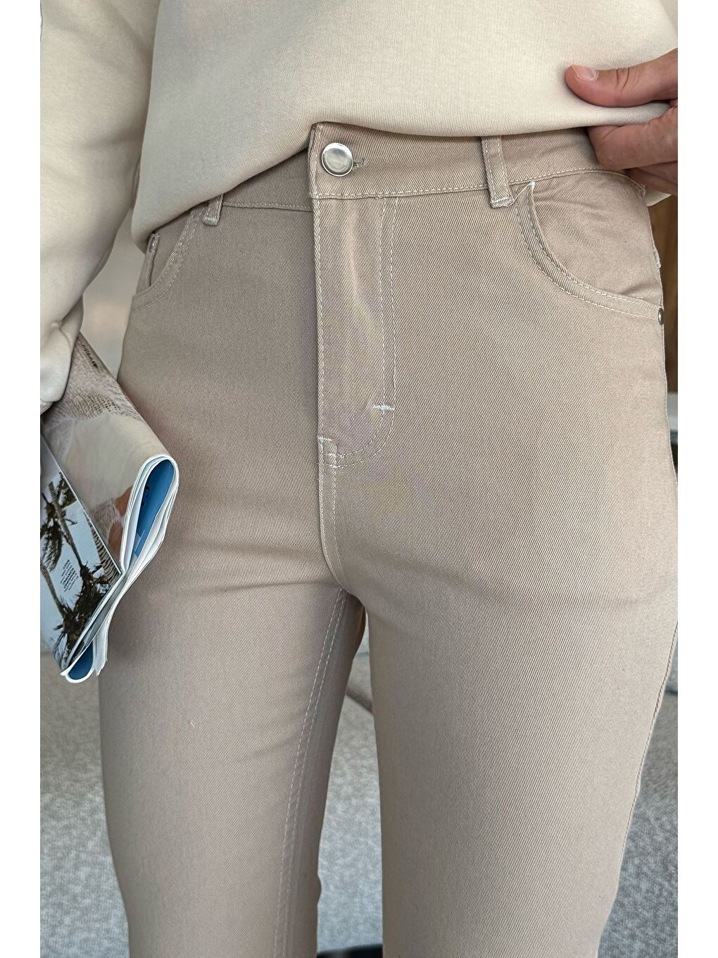 Bej İspanyol Paça Elastanlı Kadın Gabardin Pantolon-1