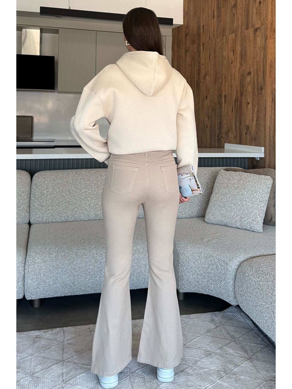 Bej İspanyol Paça Elastanlı Kadın Gabardin Pantolon-2