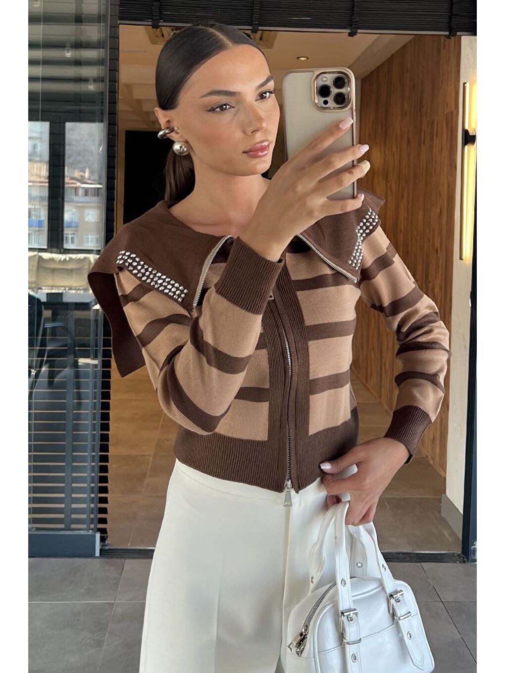 Kahverengi Yaka Detaylı Çizgili Triko Hırka (s,m,l Uyumludur)