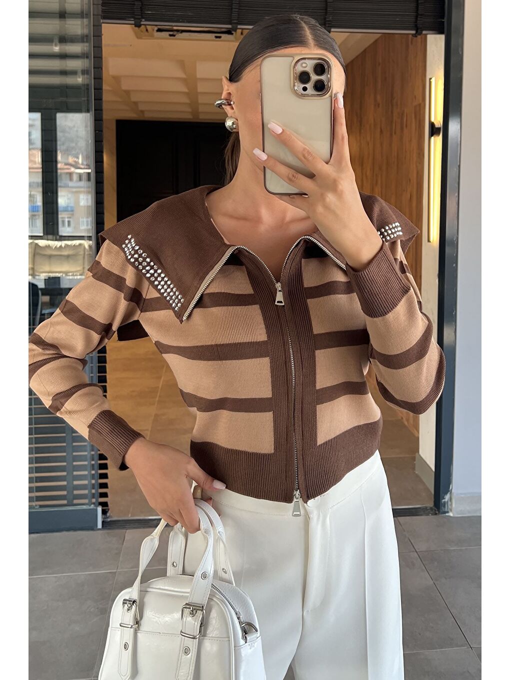 Kahverengi Yaka Detaylı Çizgili Triko Hırka (s,m,l Uyumludur)-1