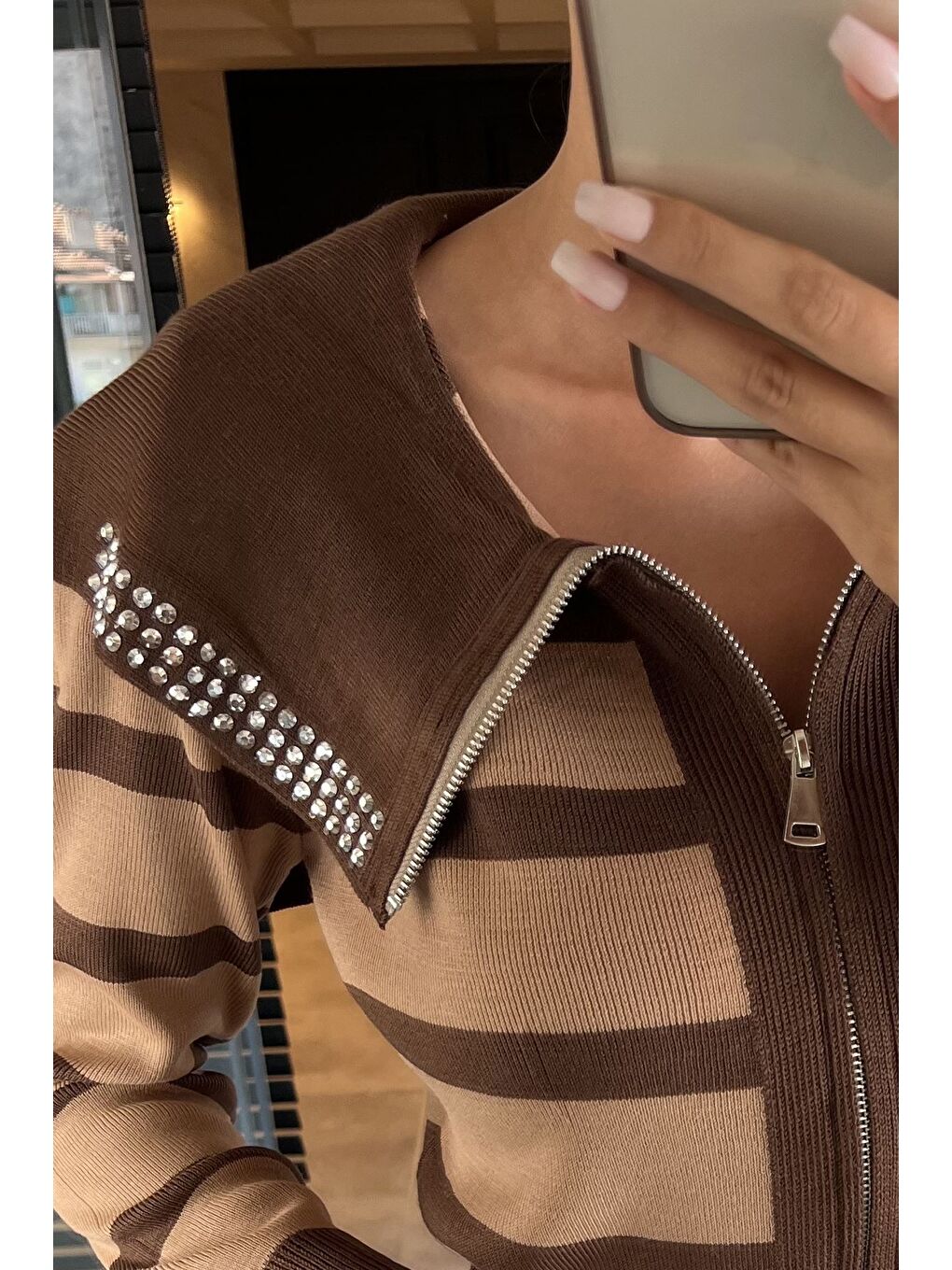 Kahverengi Yaka Detaylı Çizgili Triko Hırka (s,m,l Uyumludur)-3