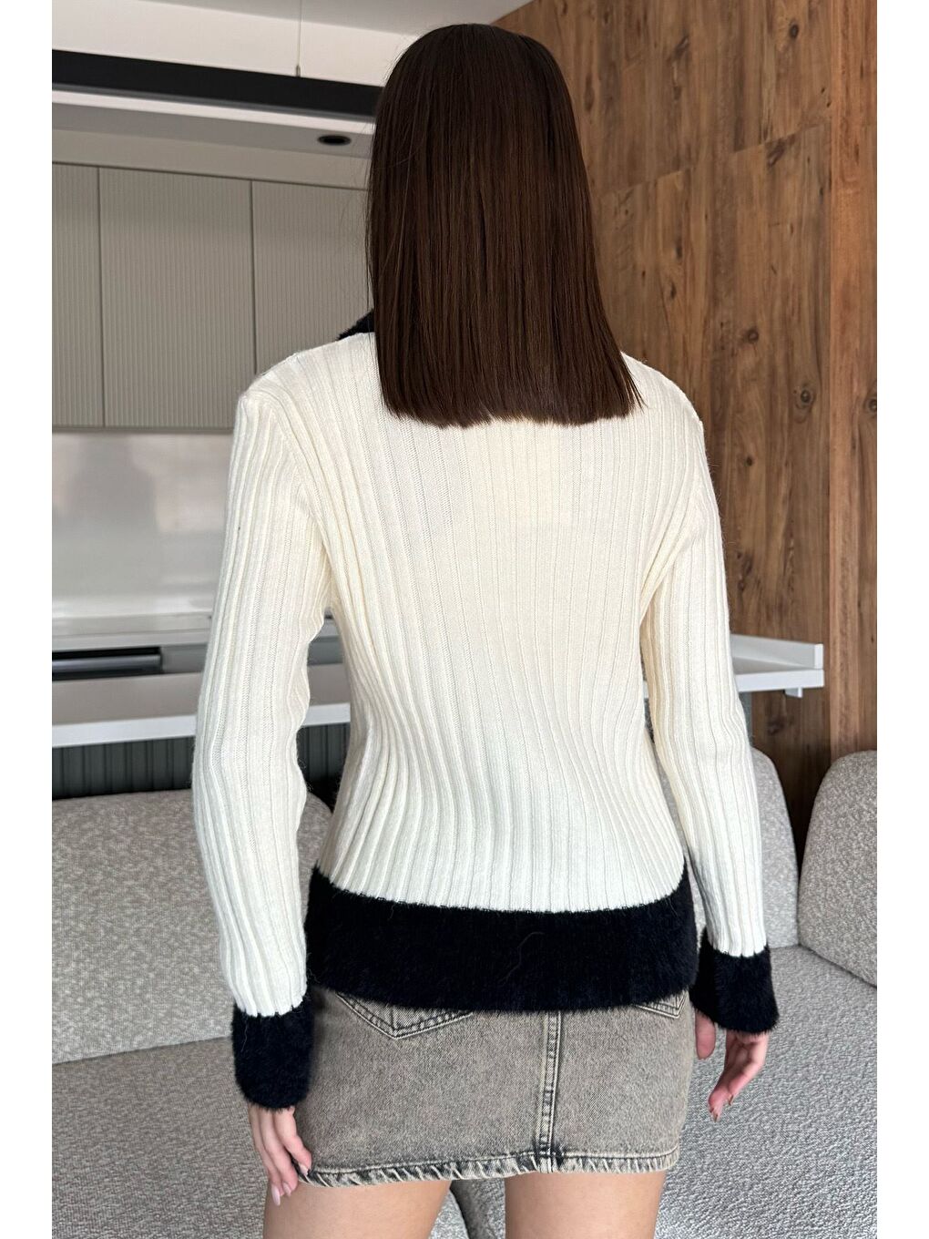 Ekru Gömlek Yaka Fermuarlı Triko Hırka-3