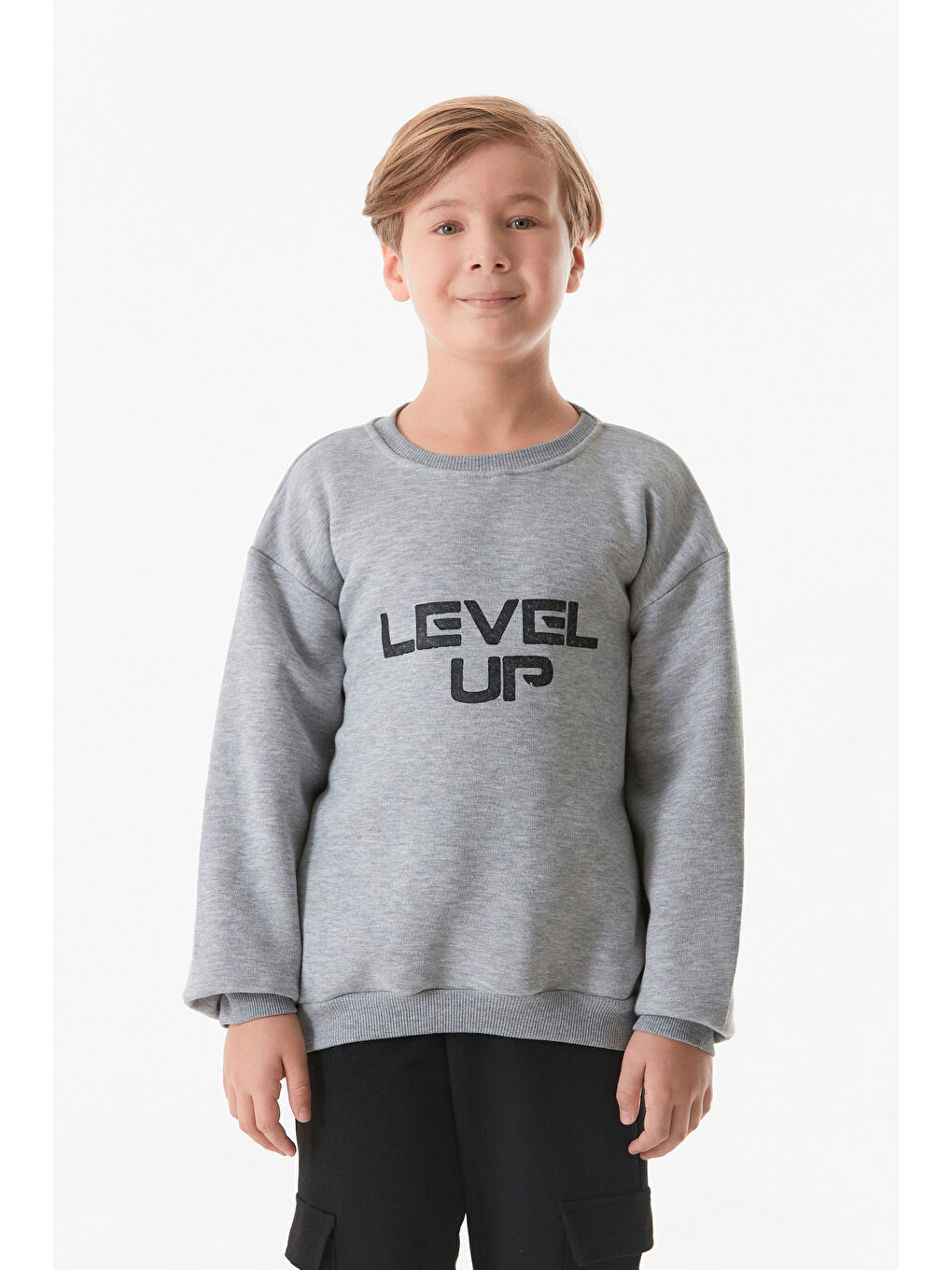 Fullamoda Gri Level Up Baskılı Bisiklet Yaka Erkek Çocuk Sweatshirt