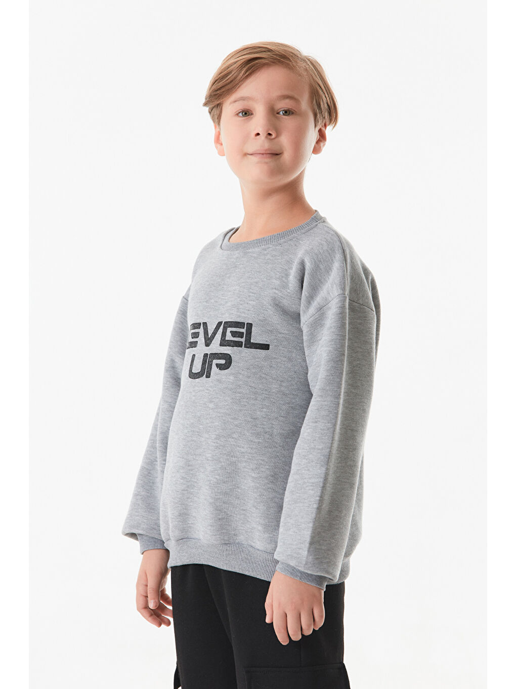 Fullamoda Gri Level Up Baskılı Bisiklet Yaka Erkek Çocuk Sweatshirt - 2