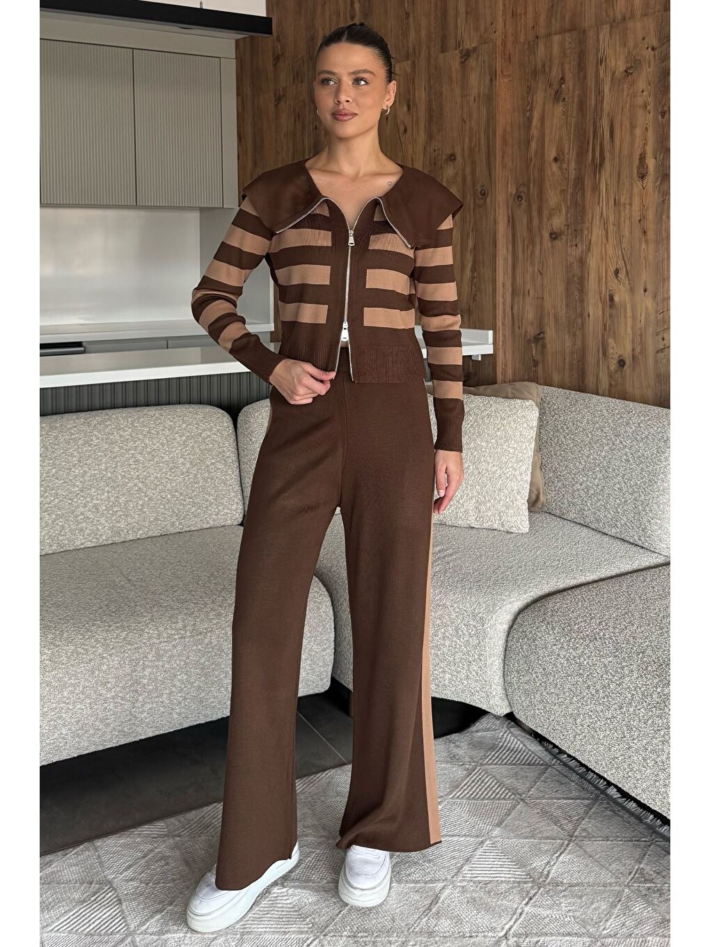 Kahverengi Kadın Şerit Desenli Triko Hırka Pantolon İkili Takım (s-m-l Beden Uyumludur.)