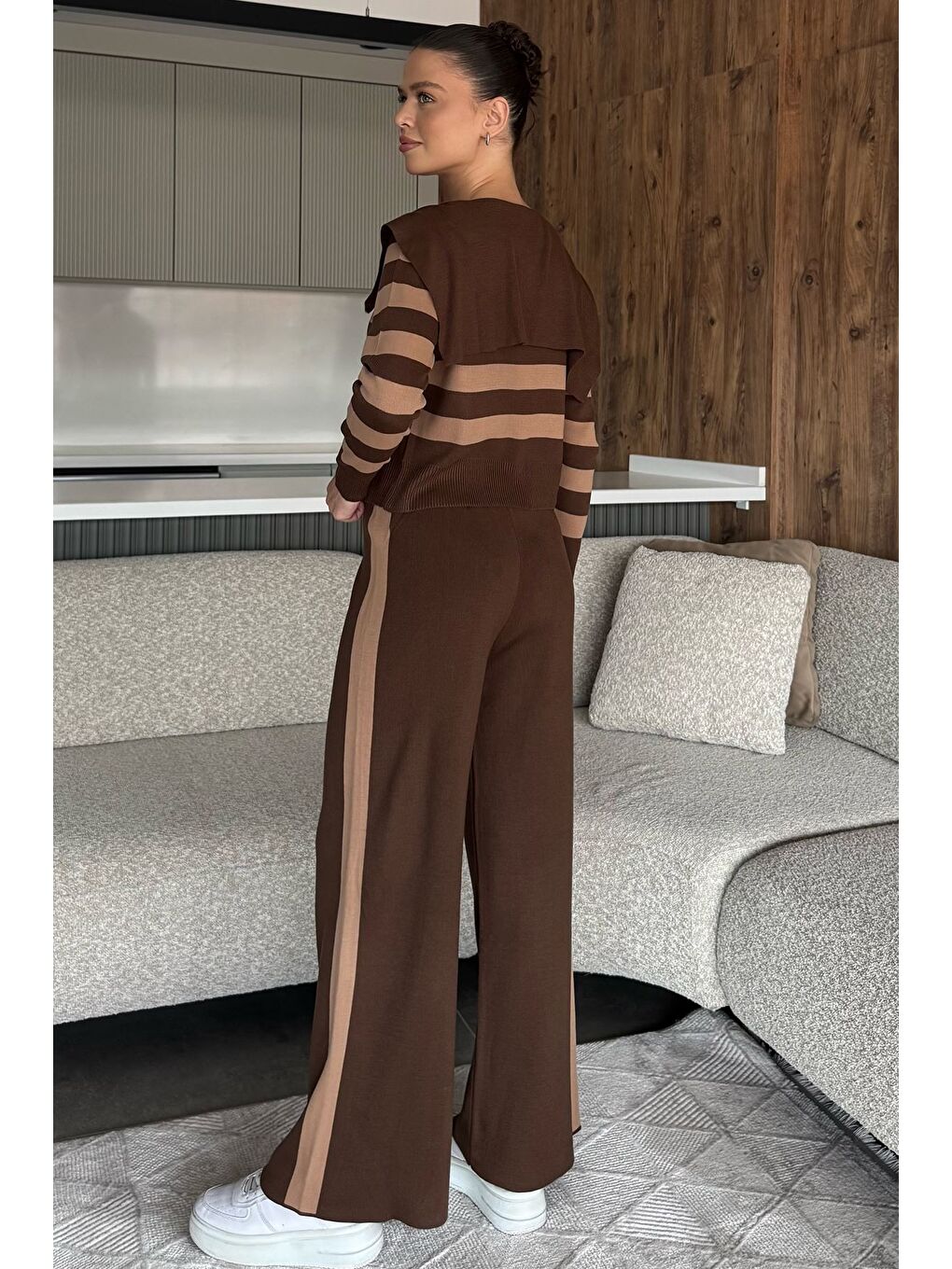 Kahverengi Kadın Şerit Desenli Triko Hırka Pantolon İkili Takım (s-m-l Beden Uyumludur.)-3