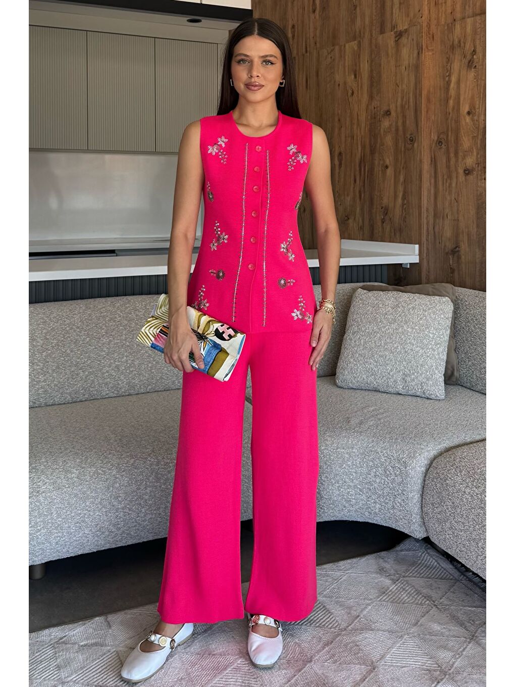 Fuşya Kadın Taş İşlemeli Triko Pantolon Yelek İkili Takım