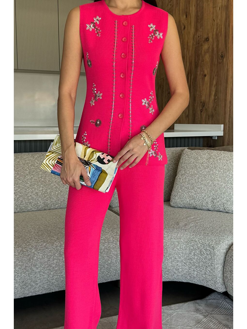 Fuşya Kadın Taş İşlemeli Triko Pantolon Yelek İkili Takım-1