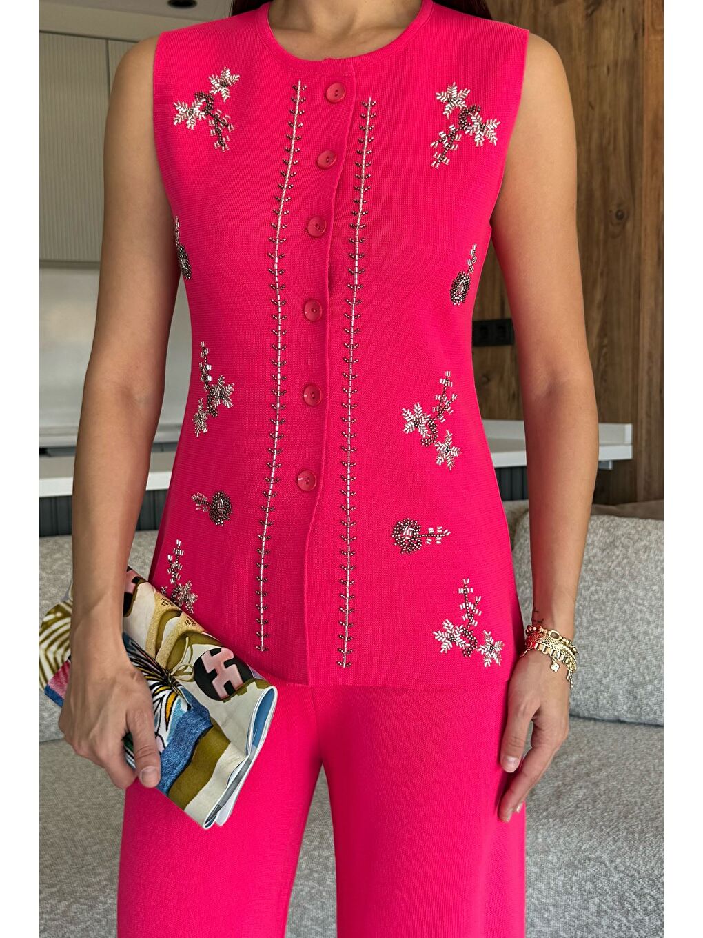 Fuşya Kadın Taş İşlemeli Triko Pantolon Yelek İkili Takım-2