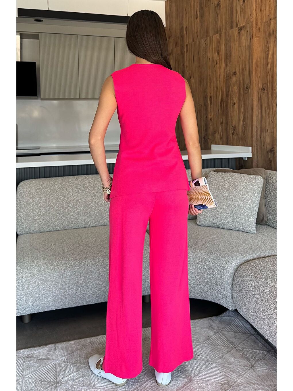 Fuşya Kadın Taş İşlemeli Triko Pantolon Yelek İkili Takım-3