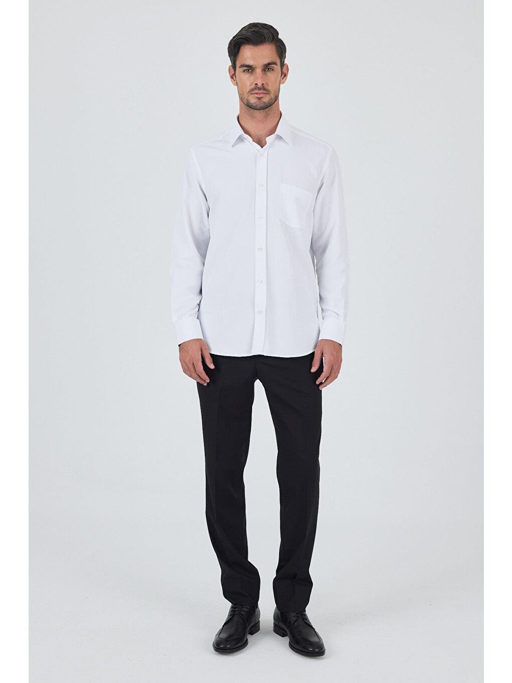 Beyaz Uzun Kol Desenli Armürlü Sert Yaka Cepli Pamuklu Classic Comfort Fit Büyük Beden Gömlek 1004250178-1