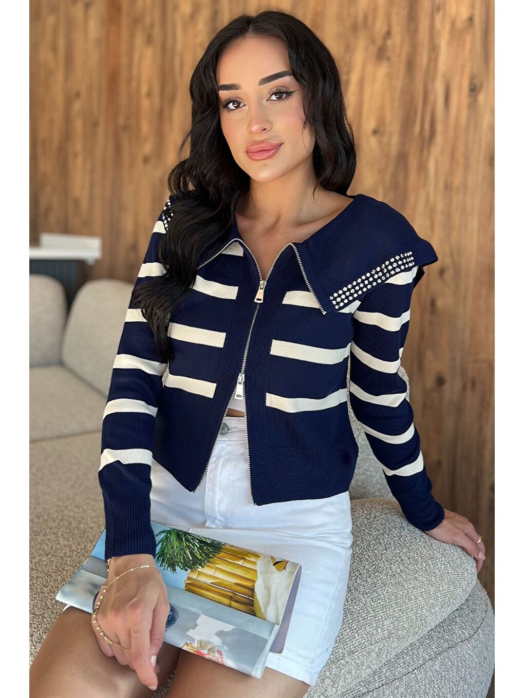 Lacivert Yaka Detaylı Çizgili Triko Hırka (s,m,l Uyumludur)-1