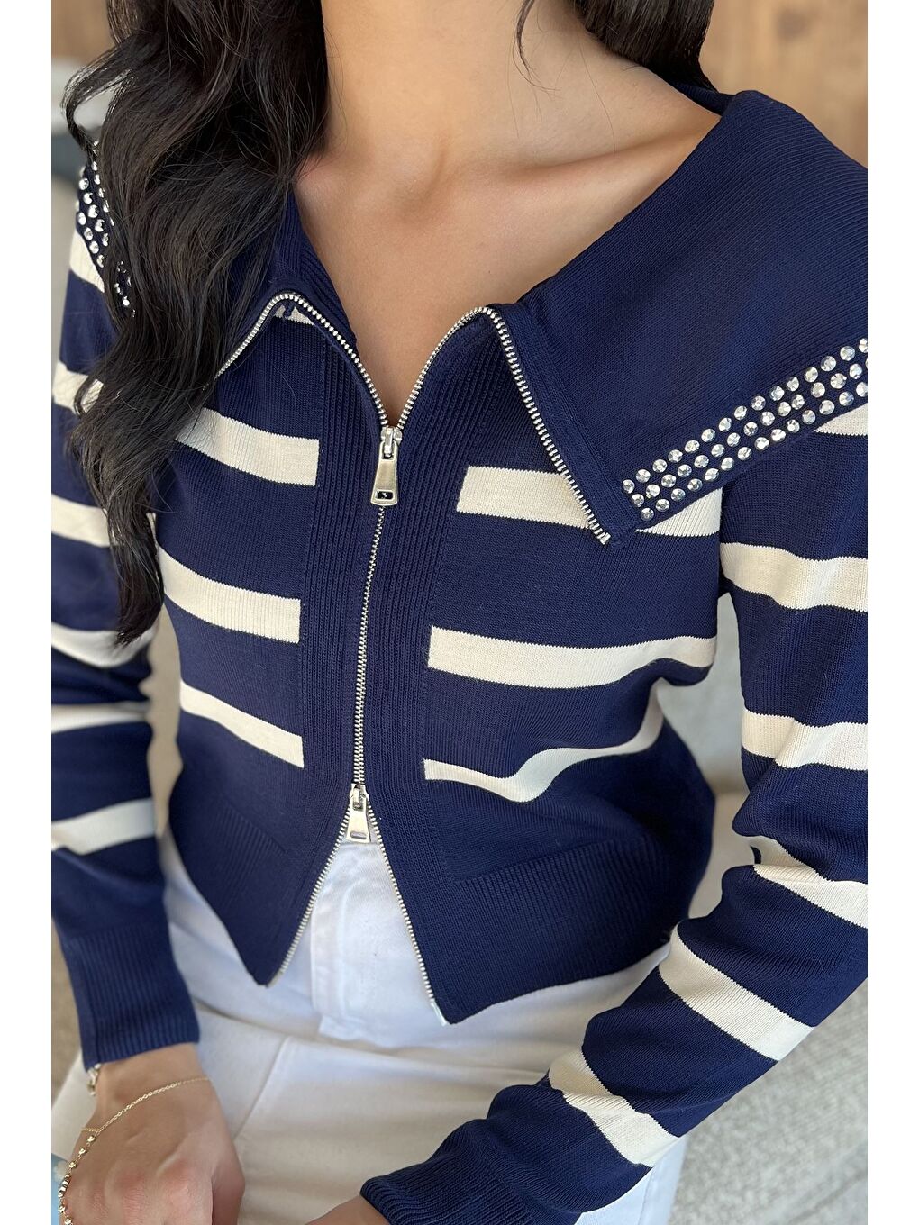 Lacivert Yaka Detaylı Çizgili Triko Hırka (s,m,l Uyumludur)-2