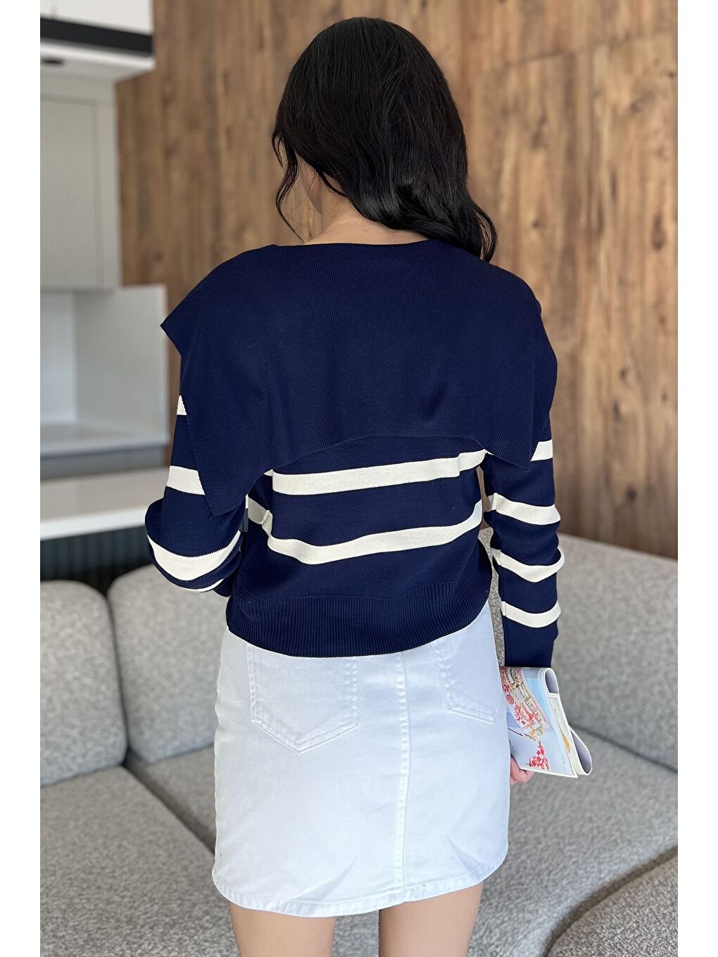 Lacivert Yaka Detaylı Çizgili Triko Hırka (s,m,l Uyumludur)-3