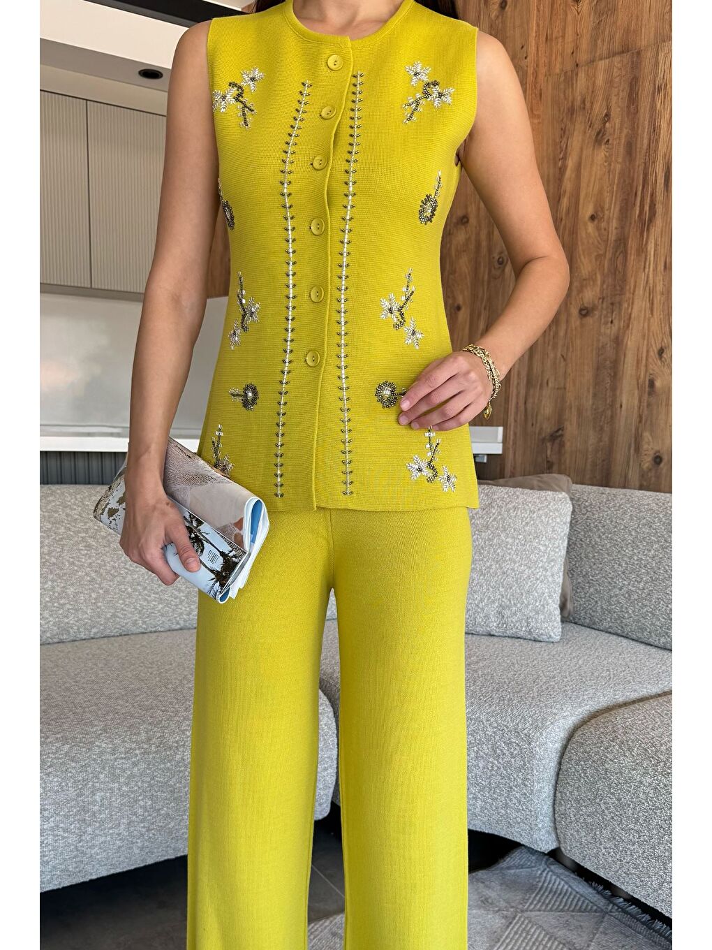 Yeşil Kadın Taş İşlemeli Triko Pantolon Yelek İkili Takım-1