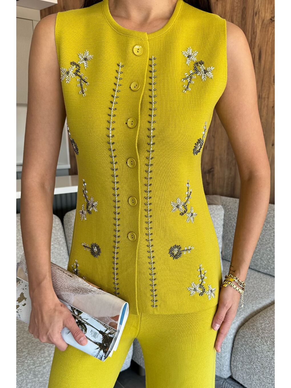 Yeşil Kadın Taş İşlemeli Triko Pantolon Yelek İkili Takım-2