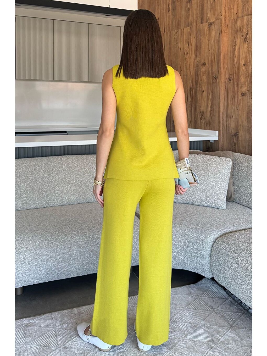 Yeşil Kadın Taş İşlemeli Triko Pantolon Yelek İkili Takım-3