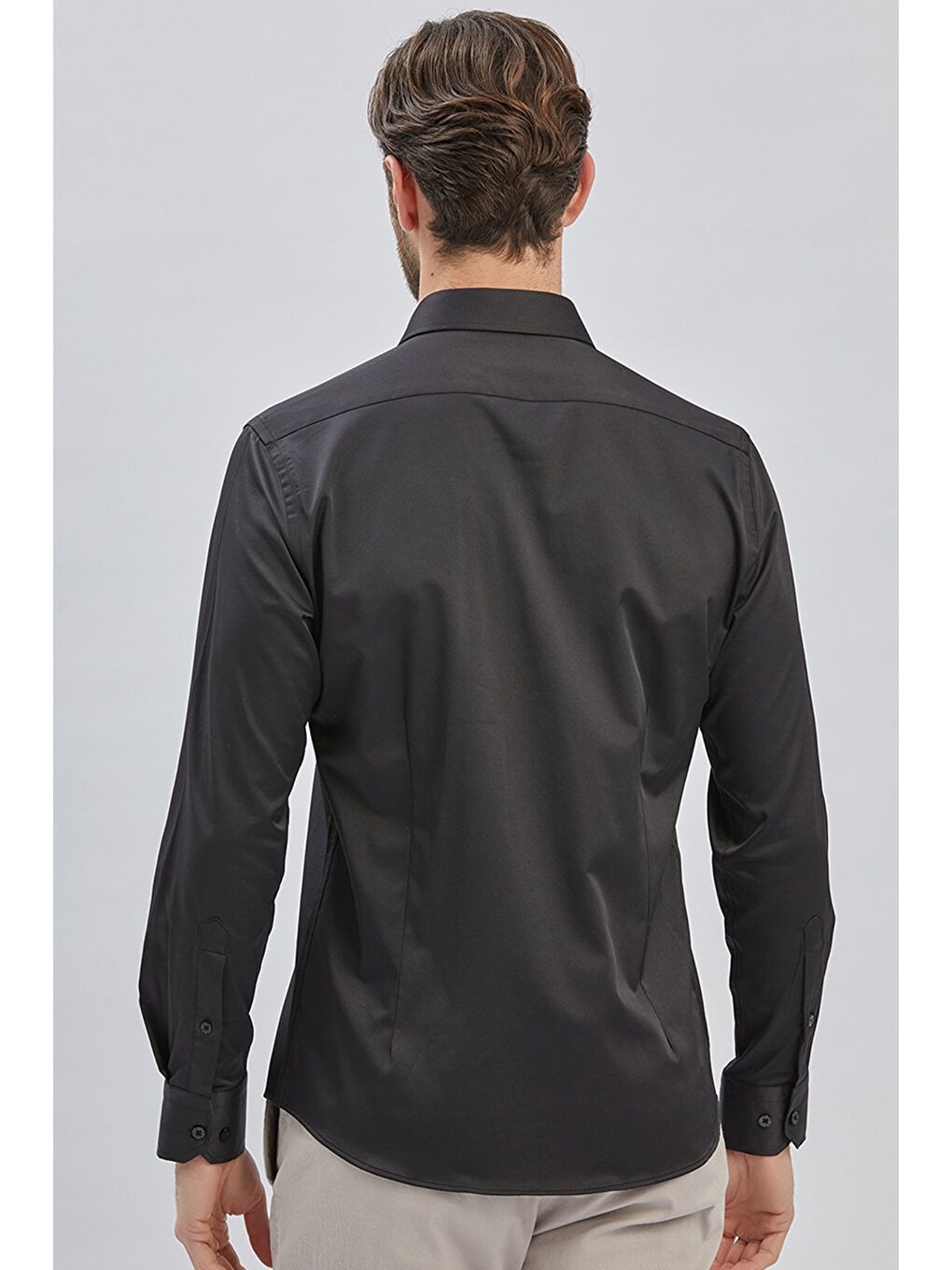 Siyah Uzun Kollu Sert Yaka Cepsiz Pamuklu Elastanlı Klasik Slim Fit Dar Kesim Gömlek 1004240234-4