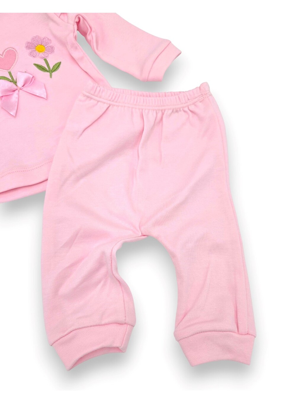 Pembe Kız Bebek Mevsimlik Kalpli Çiçek Nakışlı Fırfırlı 2 İplik Alt Üst İkili Takım-1
