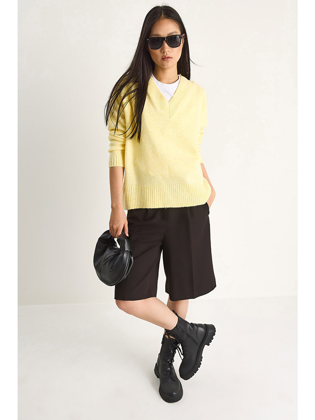 Sarı Kadın V Yaka Triko Kazak-1