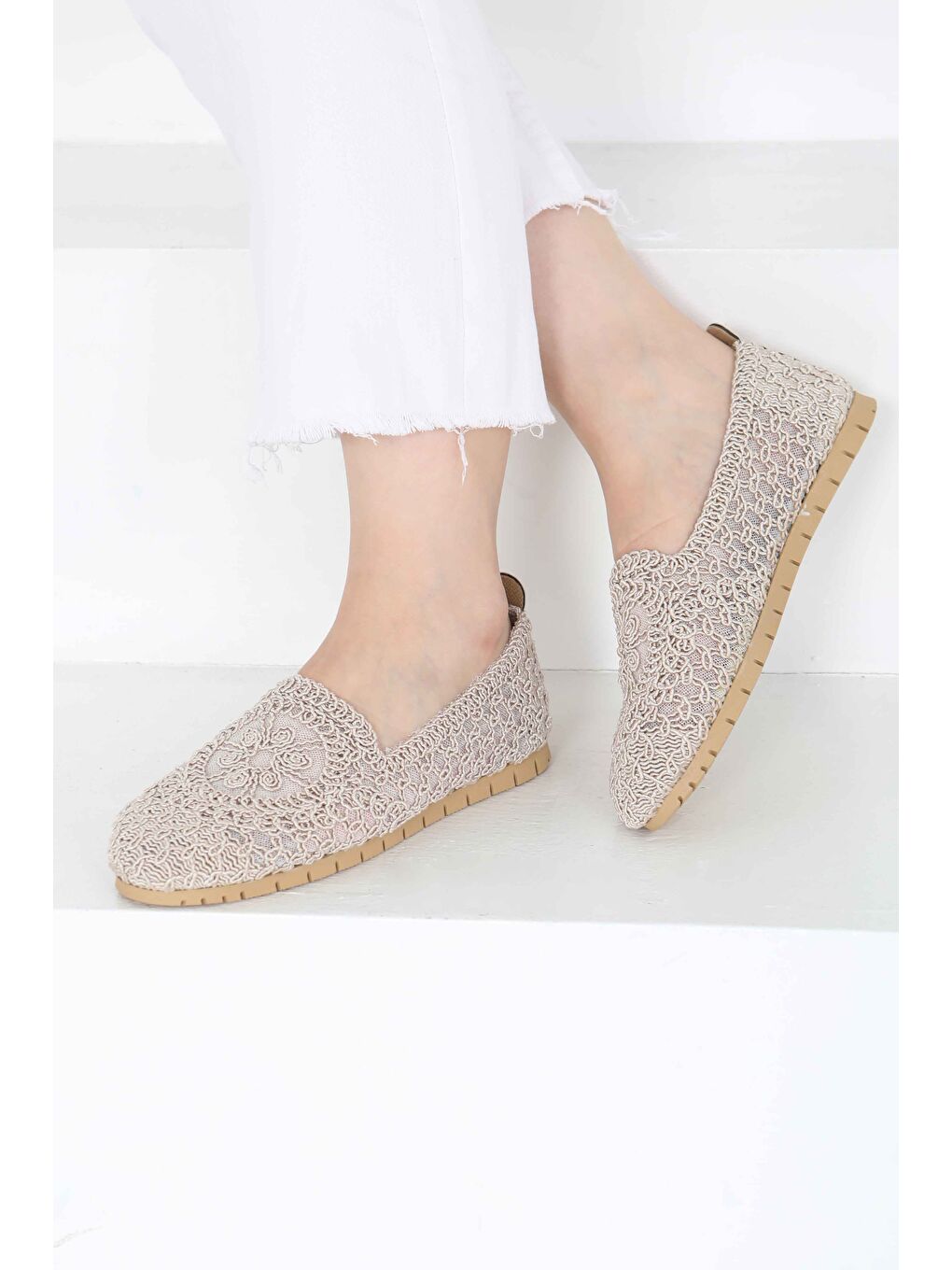 Ekru Kadın Krem Örgülü Babet - 27240-1