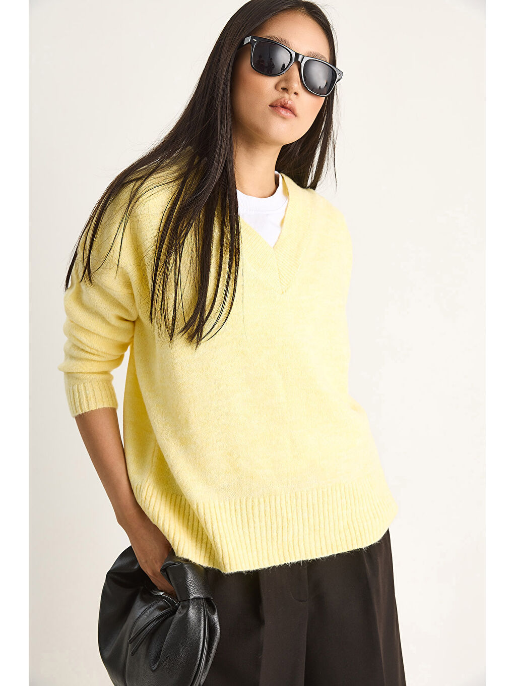 Sarı Kadın V Yaka Triko Kazak-2