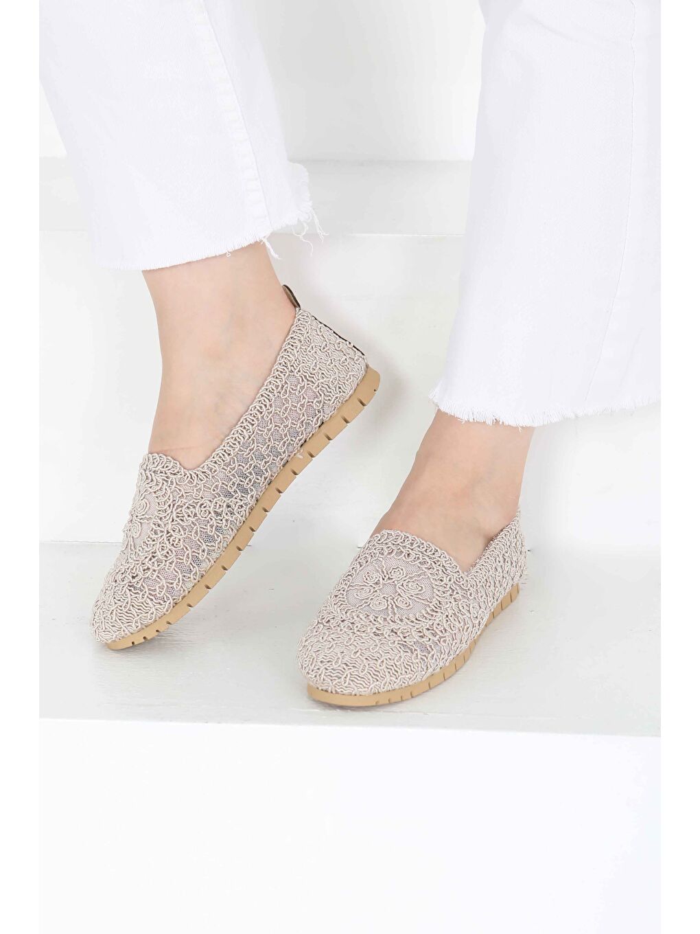 Ekru Kadın Krem Örgülü Babet - 27240-3