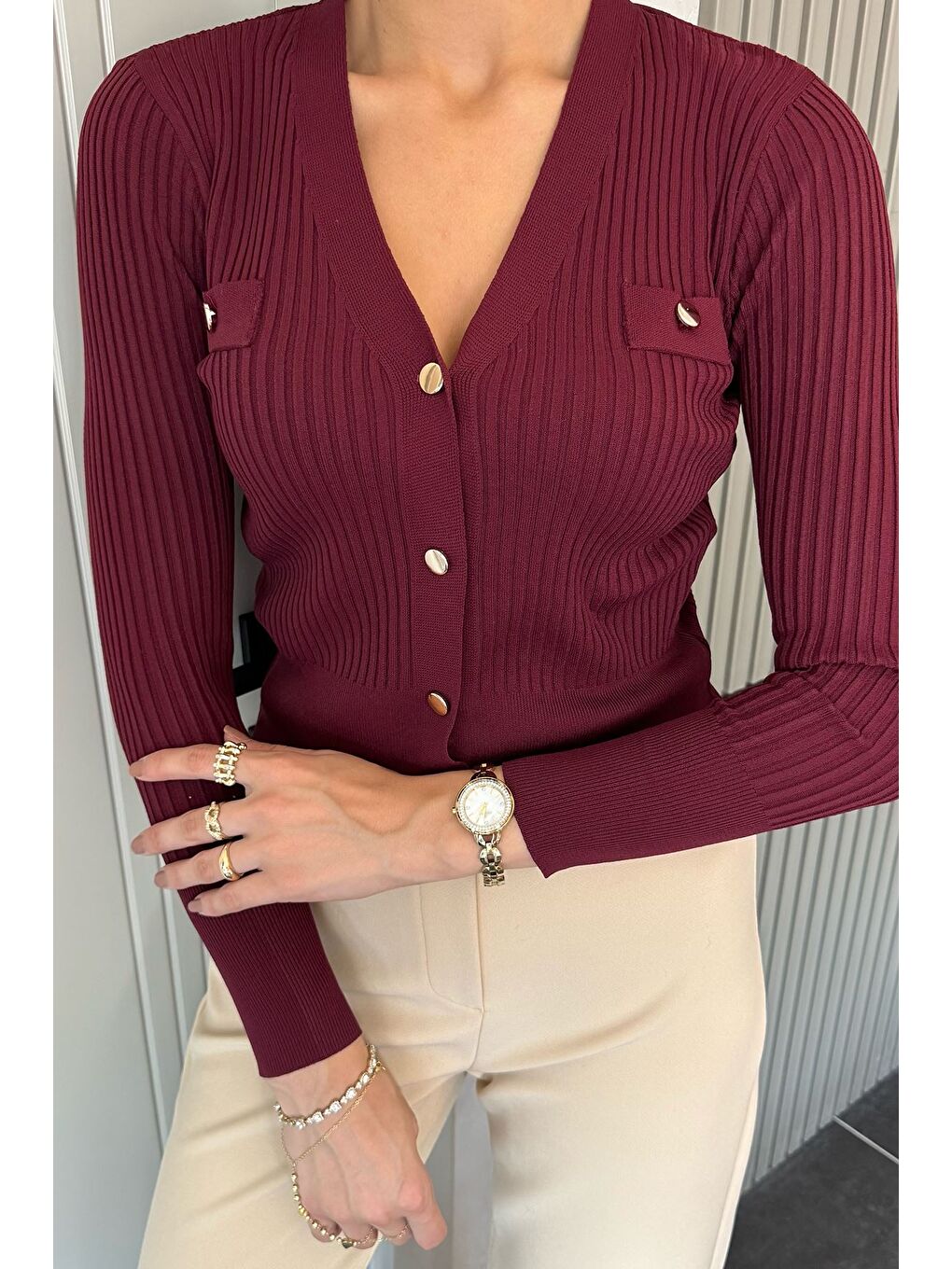 Bordo Kadın Kendinden Çizgi Desenli Gold Düğme Detaylı Triko Hırka (s-m-l Beden Uyumludur.)-2