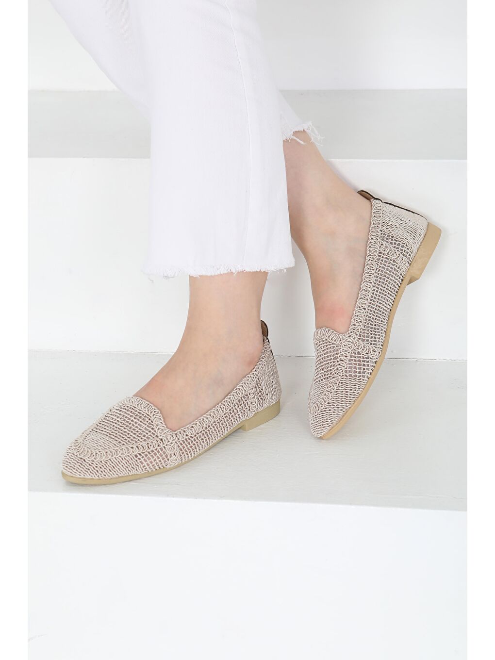 Ekru Kadın Krem Örgülü Babet - 27241