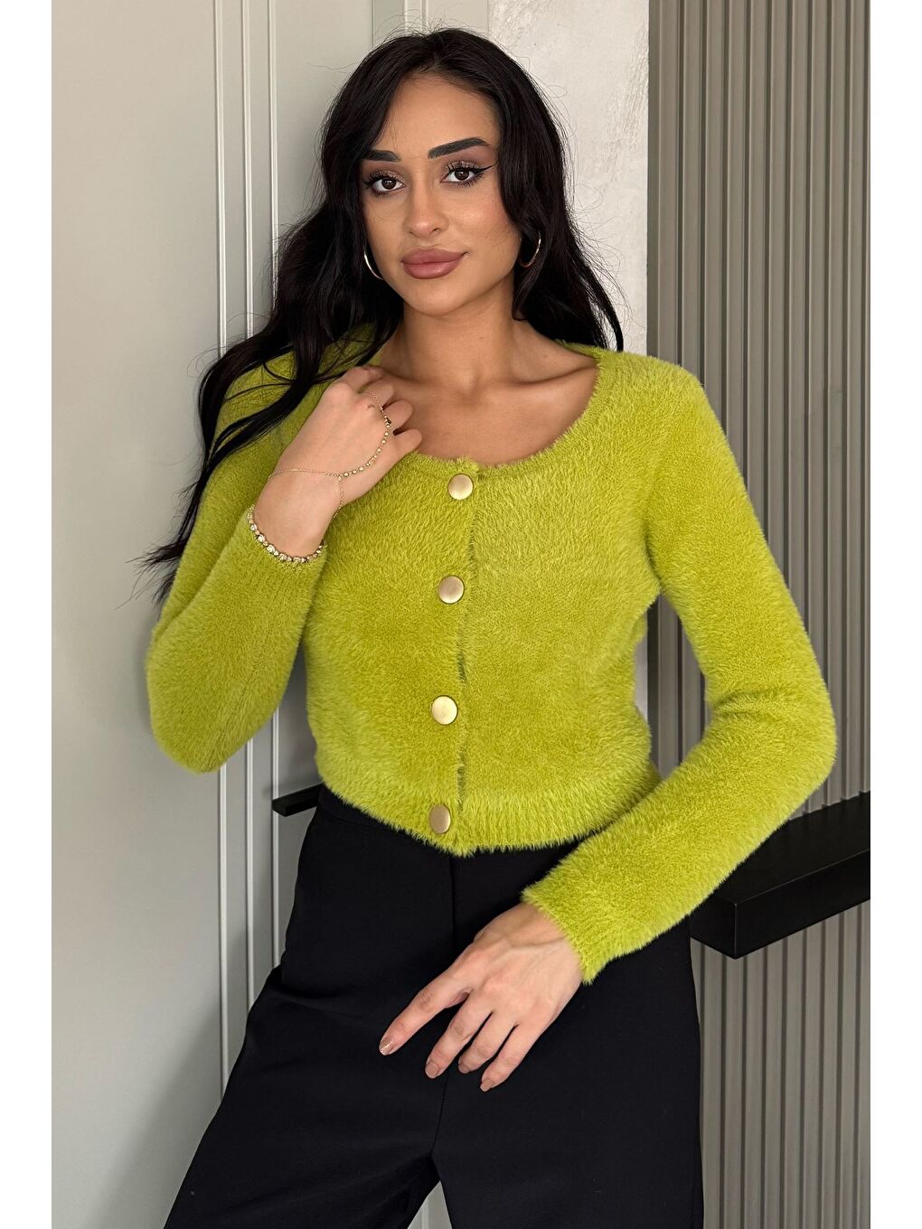 Yeşil Şardonlu Kadın Crop Top Triko Hırka (s,m,l,xl Uyumludur)