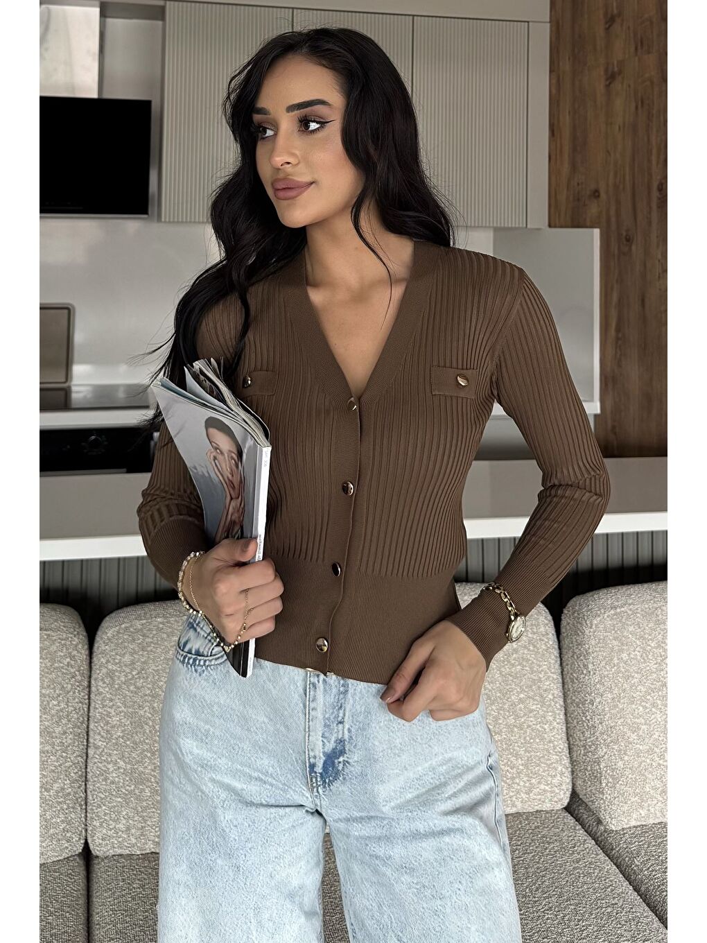 Kahverengi Kadın Kendinden Çizgi Desenli Gold Düğme Detaylı Triko Hırka (s-m-l Beden Uyumludur.)