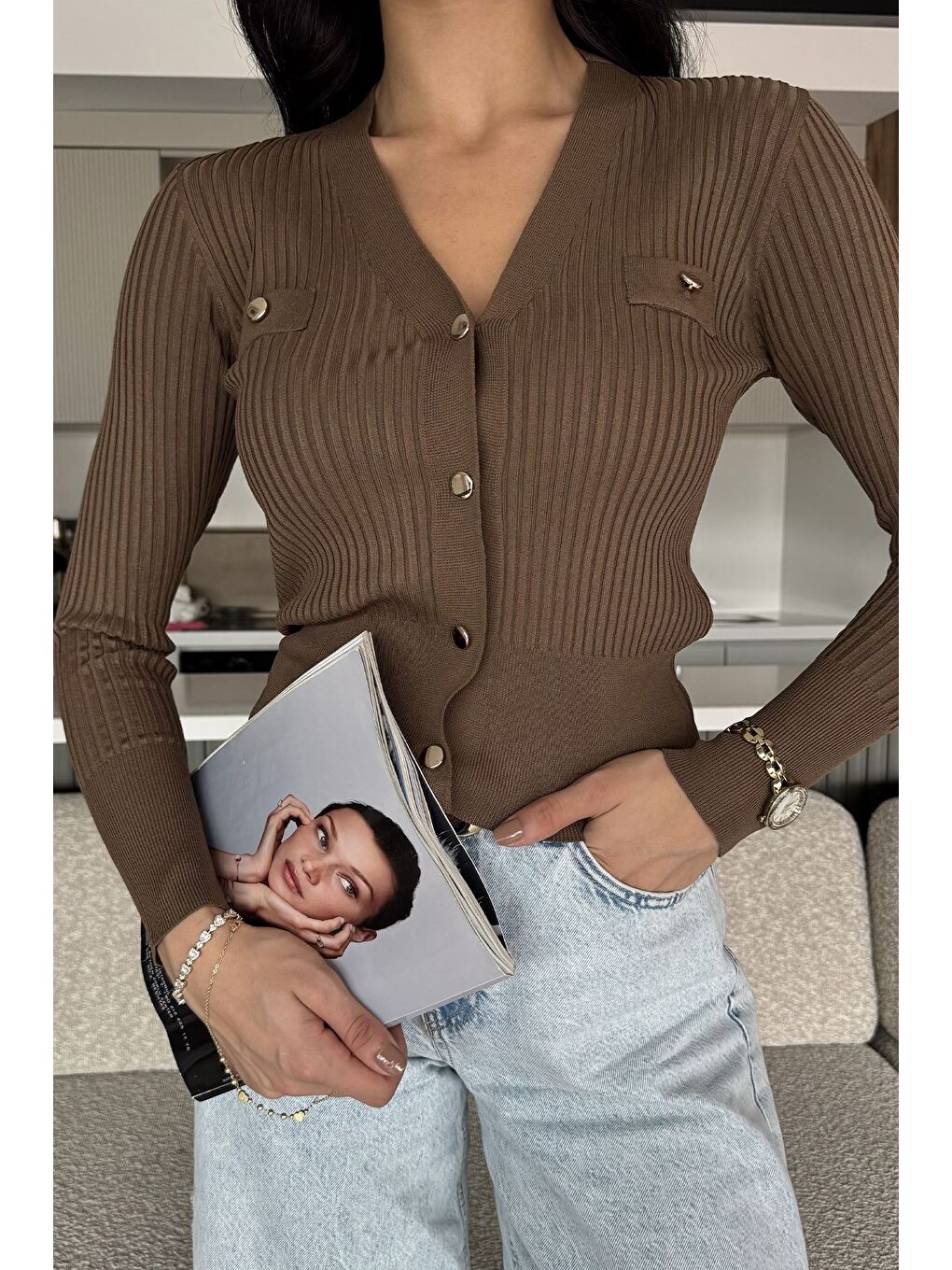 Kahverengi Kadın Kendinden Çizgi Desenli Gold Düğme Detaylı Triko Hırka (s-m-l Beden Uyumludur.)-1