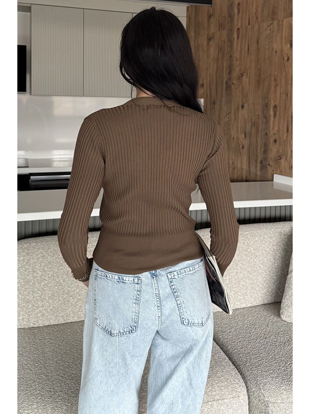 Kahverengi Kadın Kendinden Çizgi Desenli Gold Düğme Detaylı Triko Hırka (s-m-l Beden Uyumludur.)-3