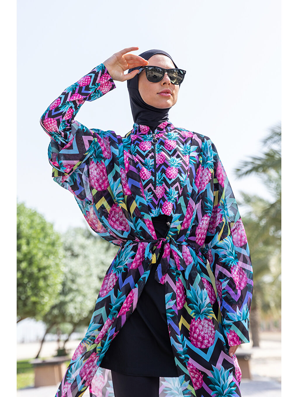 Siyah Tesettür Mayo Üzerine Tek Kaftan Kimono Pareo RP018 Ananas-2