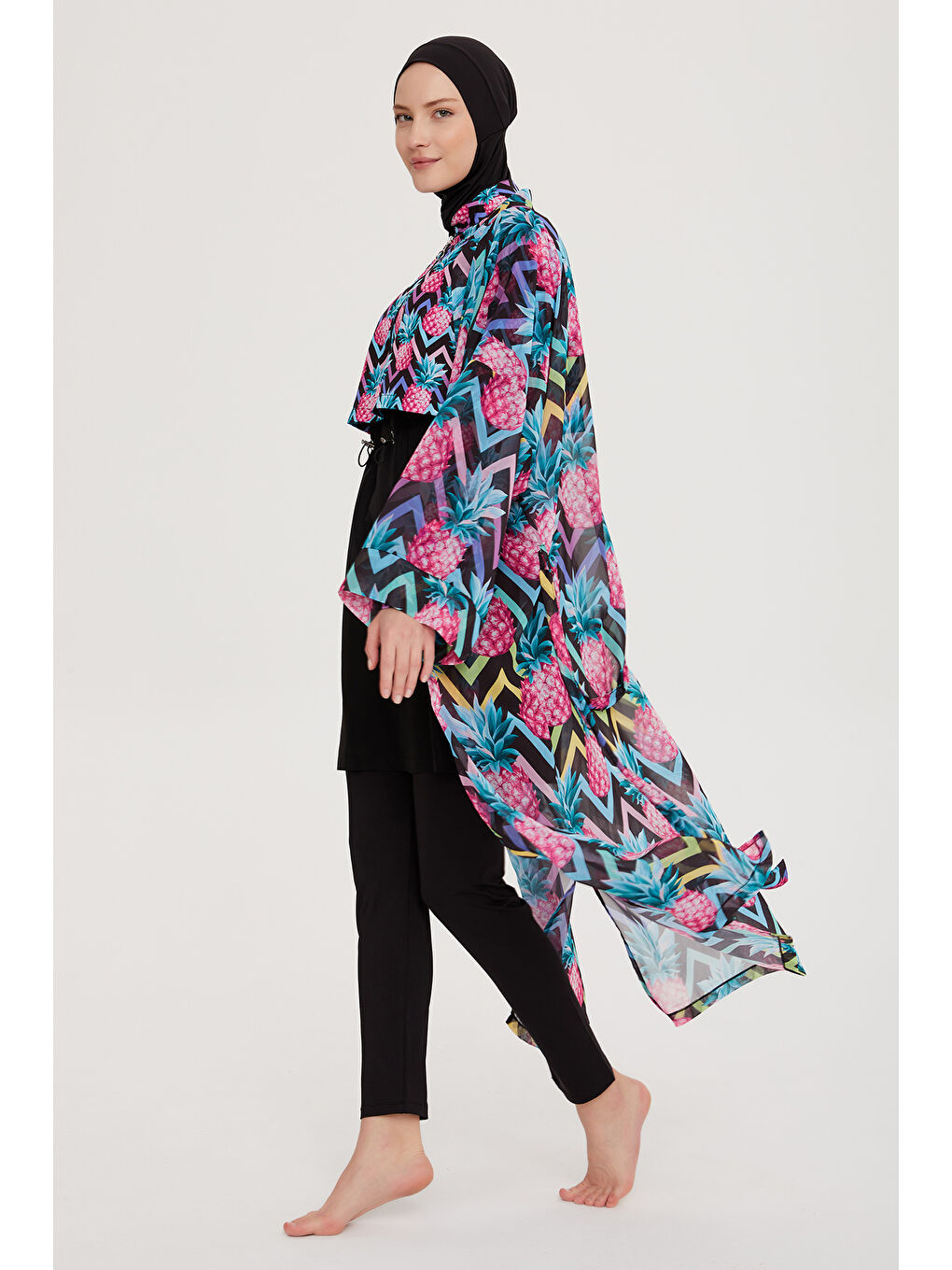 Siyah Tesettür Mayo Üzerine Tek Kaftan Kimono Pareo RP018 Ananas-3
