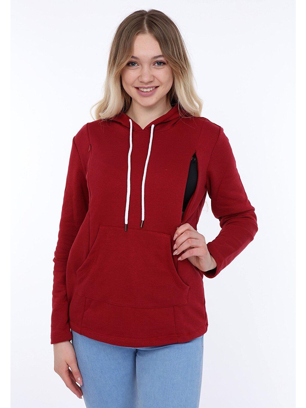 Luvmabelly Bordo Kapu¨şonlu Kadın Emzirme Sweatshirt