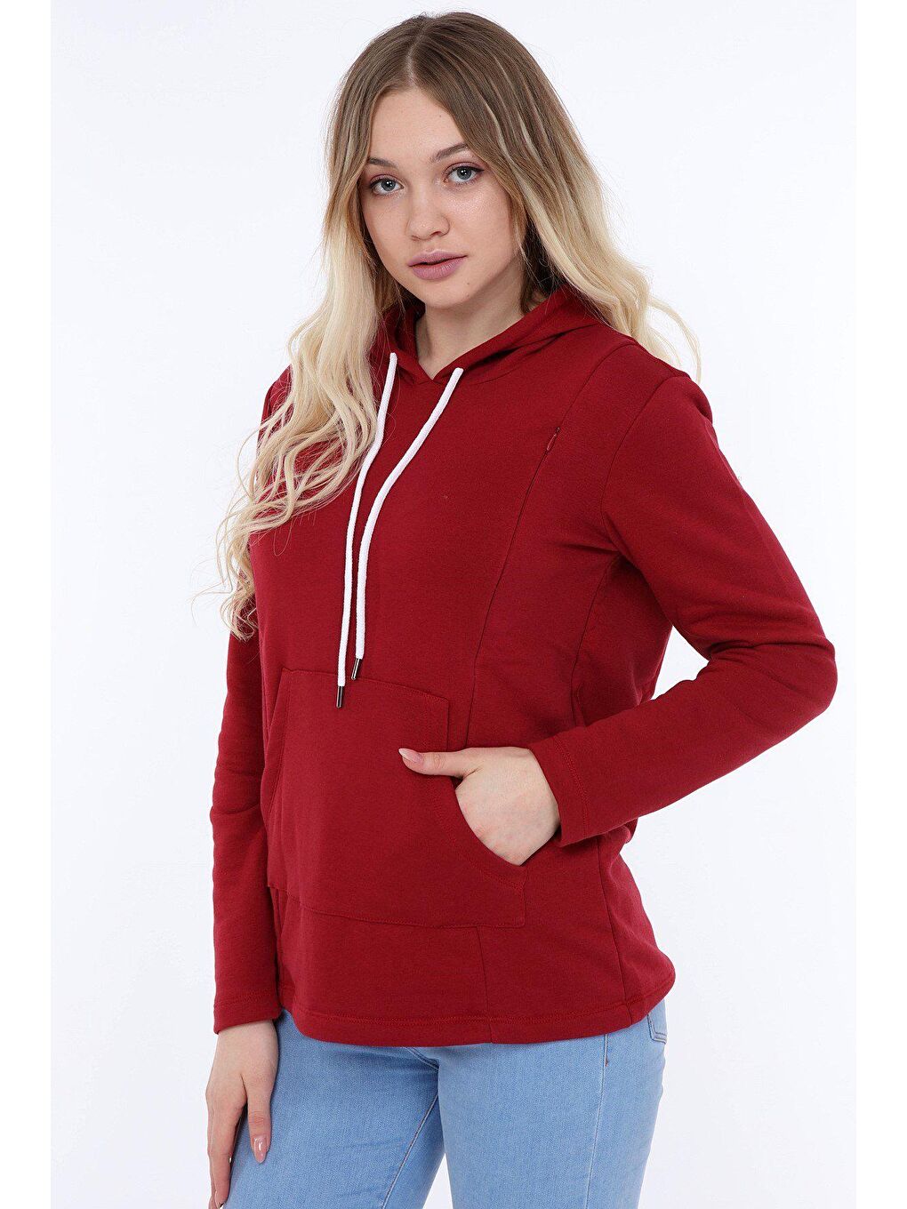 Luvmabelly Bordo Kapu¨şonlu Kadın Emzirme Sweatshirt - 2