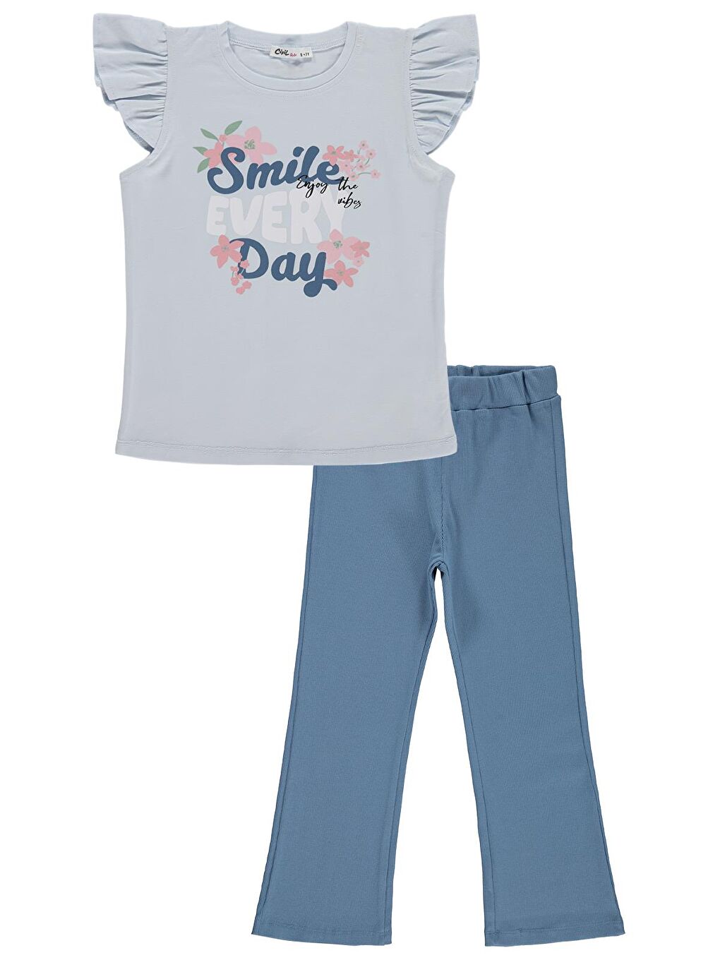 Girls Kız Çocuk Smile Baskılı 6-9 Yaş Takım - Açık Mavi-Koyu İndigo-2