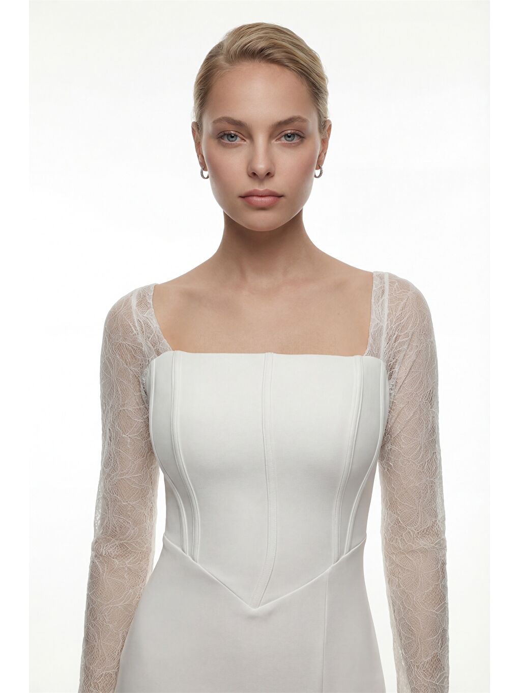 Kadın Beyaz Kare Yaka Dantelli Uzun Balık Abiye Elbise-2