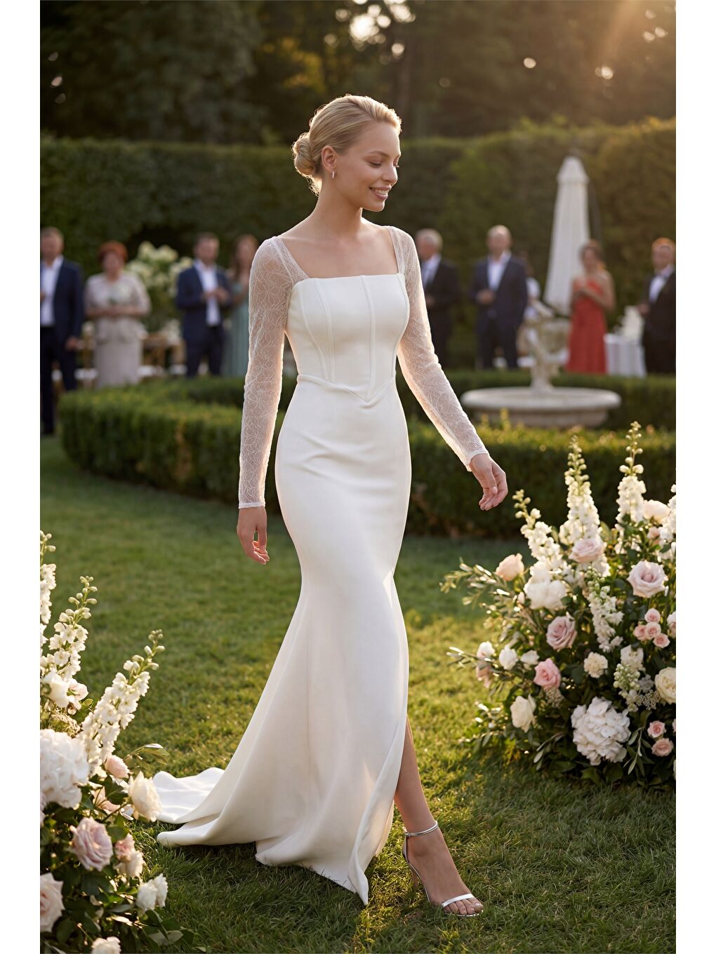 Kadın Beyaz Kare Yaka Dantelli Uzun Balık Abiye Elbise-4