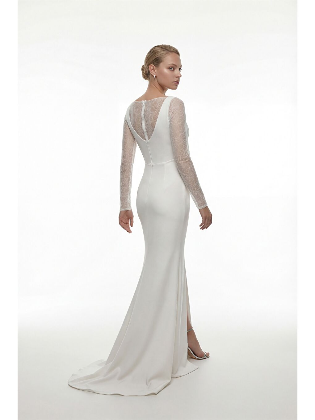 Kadın Beyaz Kare Yaka Dantelli Uzun Balık Abiye Elbise-5