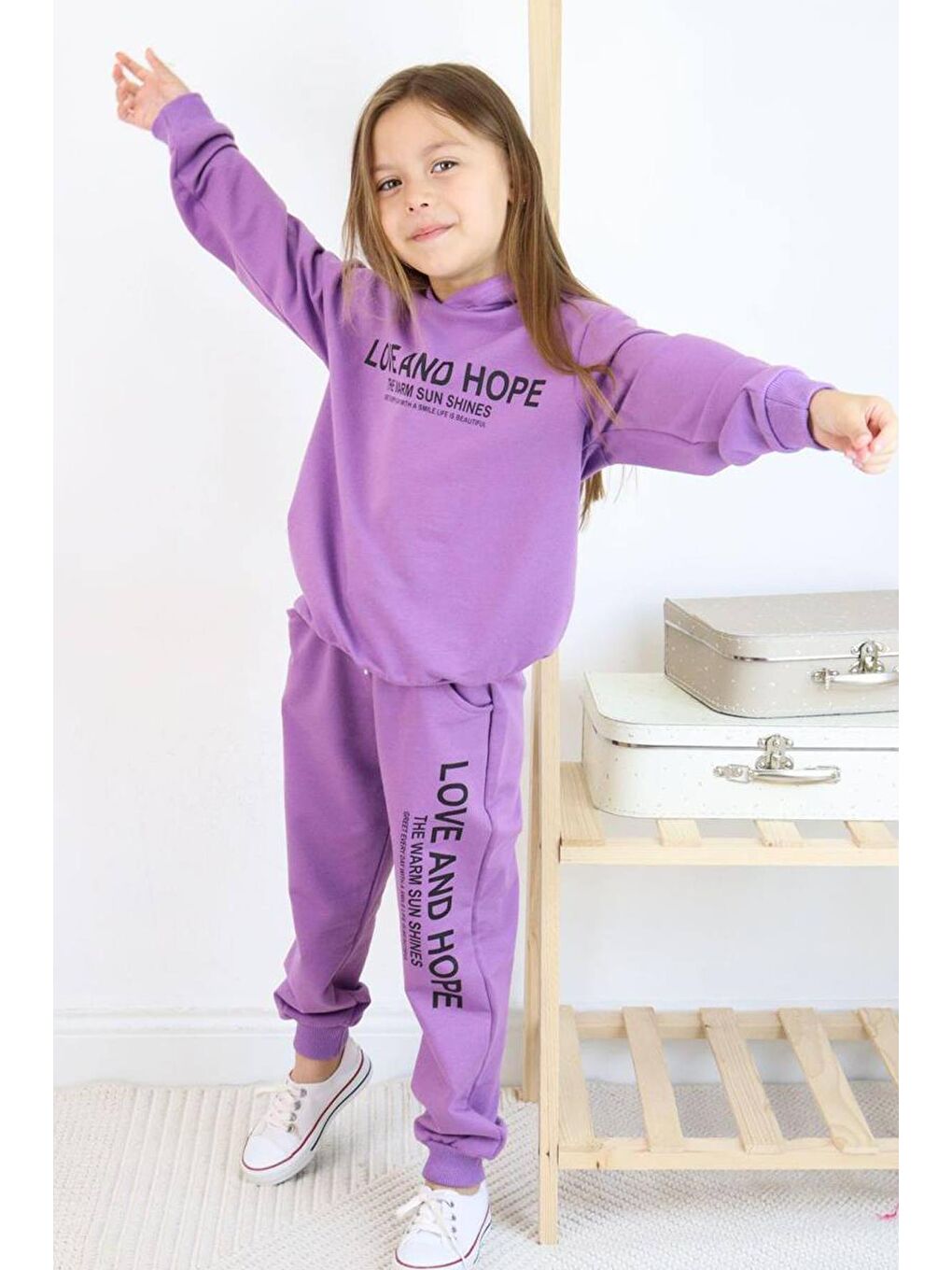 Riccotarz Mor Kız Çocuk Love And Hope Basklı Penye Sweatshirt Mor Eşofman Takım