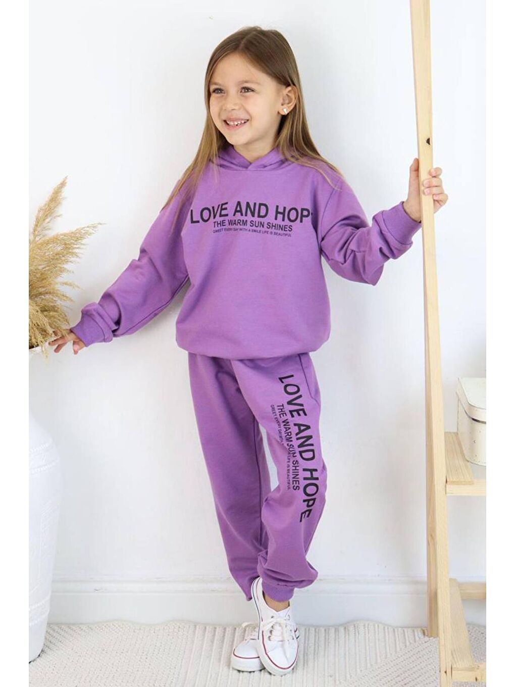 Riccotarz Mor Kız Çocuk Love And Hope Basklı Penye Sweatshirt Mor Eşofman Takım - 1