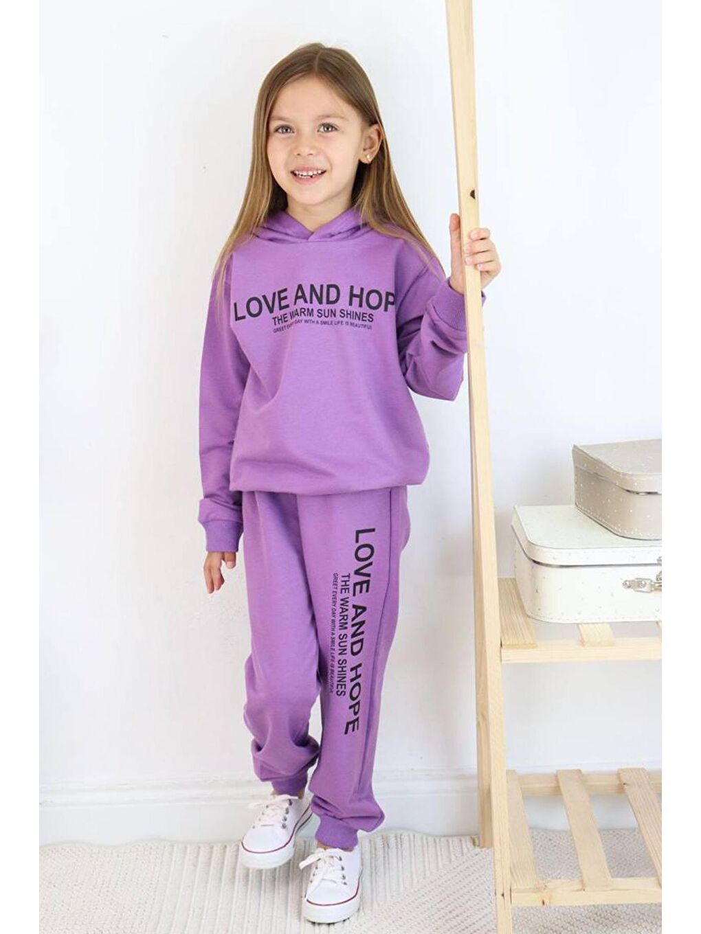 Riccotarz Mor Kız Çocuk Love And Hope Basklı Penye Sweatshirt Mor Eşofman Takım - 4