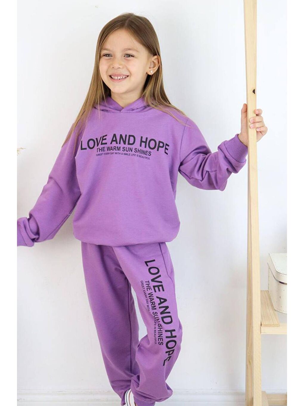 Riccotarz Mor Kız Çocuk Love And Hope Basklı Penye Sweatshirt Mor Eşofman Takım - 5