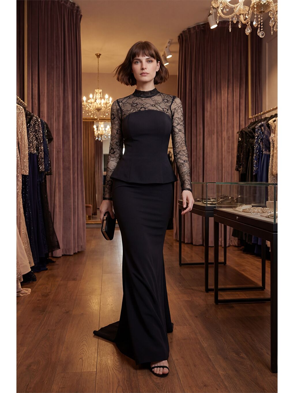 Kadın Siyah Dantel Detay Uzun Balık Abiye Elbise-4