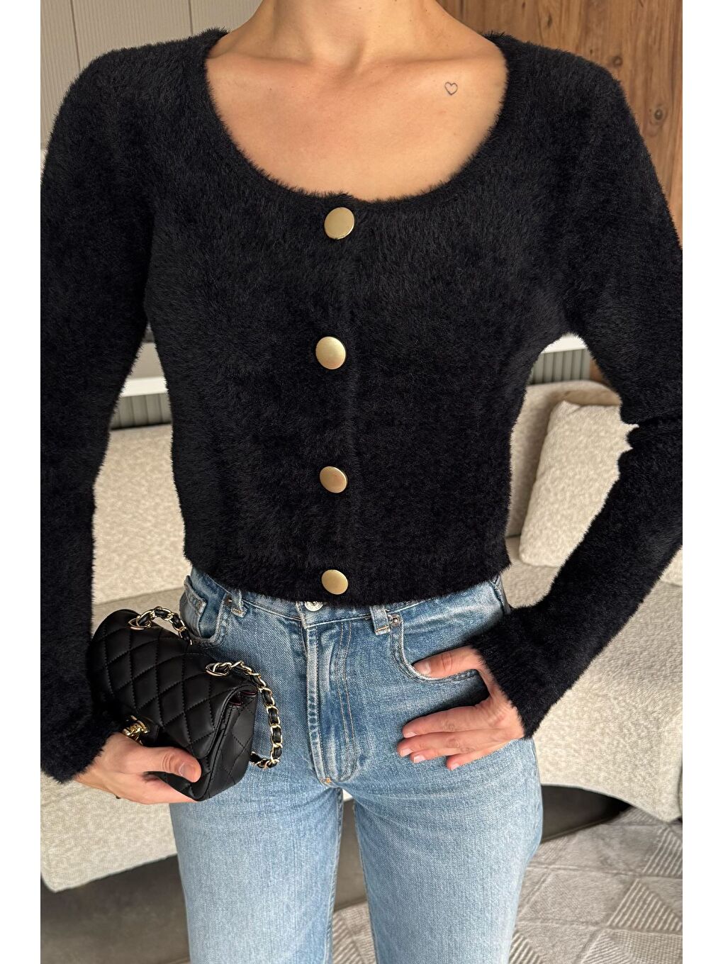 Siyah Şardonlu Kadın Crop Top Triko Hırka (s,m,l,xl Uyumludur)-1