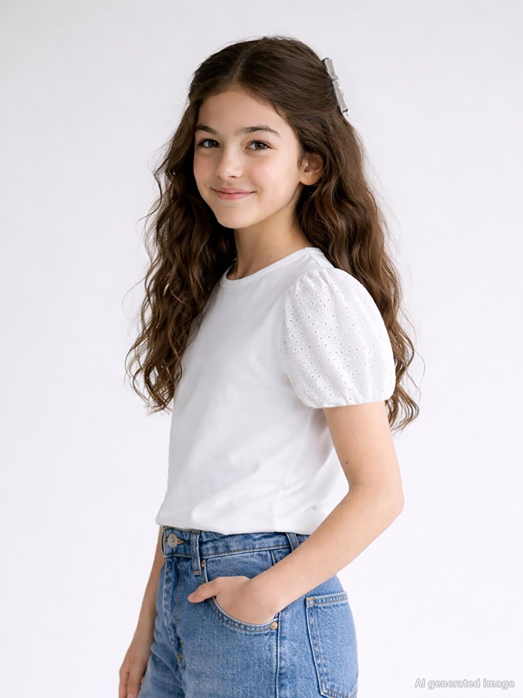 Girls Dantel Balon Kol 10-13 Yaş Tişört - Beyaz 10-11 Yaş-1