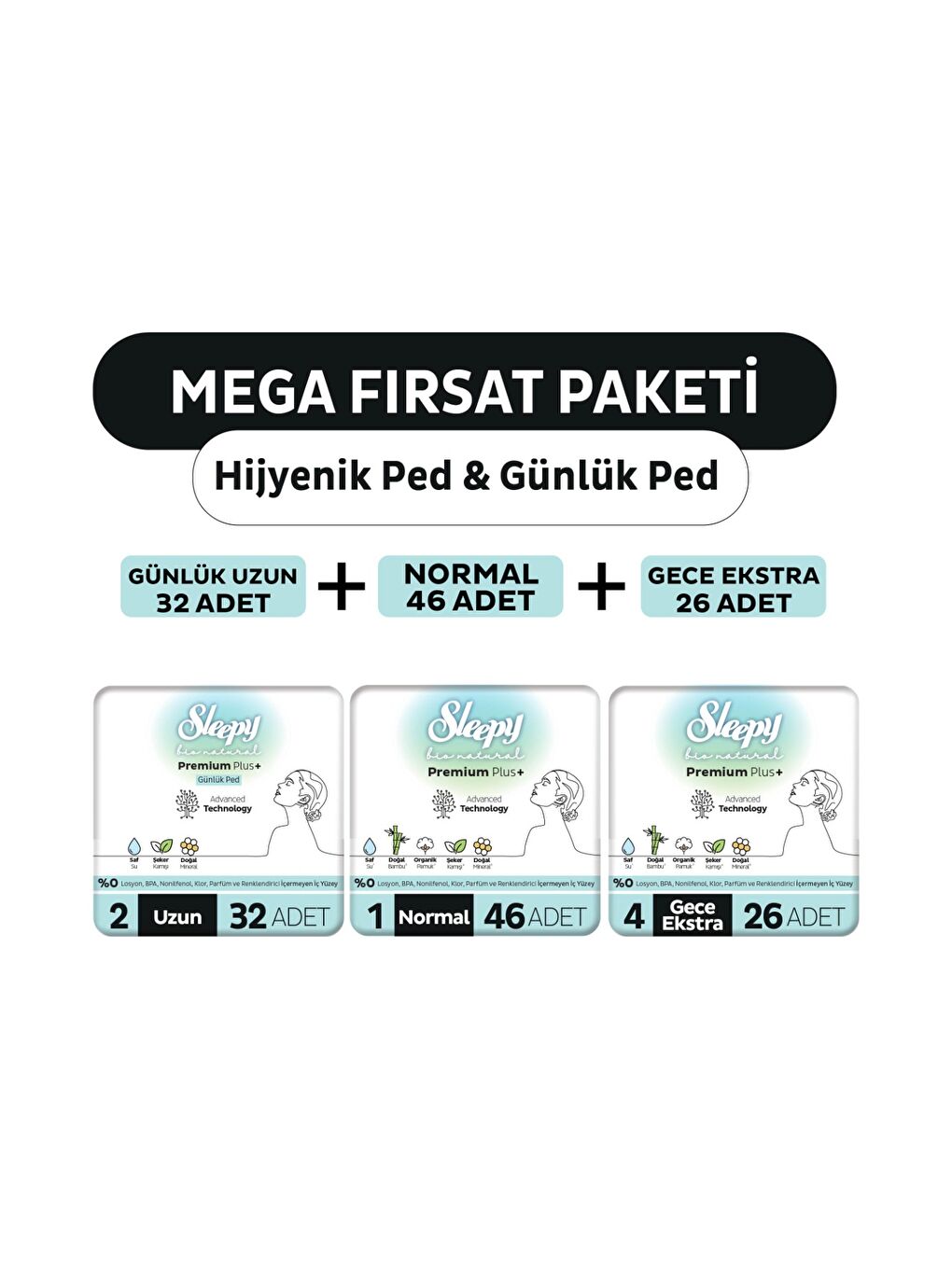 Bio Natural Premium Plus Hijyenik Ped Mega Fırsat Paketi 72 Adet + Günlük Ped Uzun 32 Adet